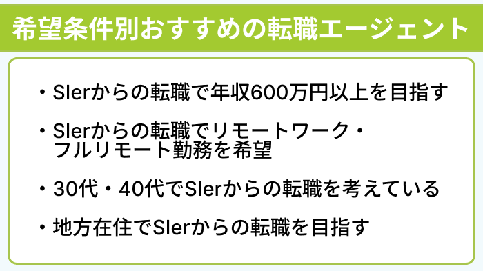 希望条件別に選べるSIerからの転職におすすめの転職エージェントのイラスト